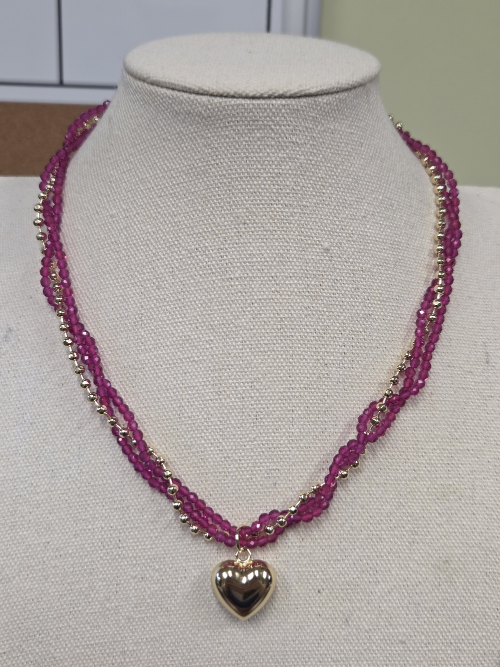 18k Gold Plated Heart and Pink Beaded Necklace